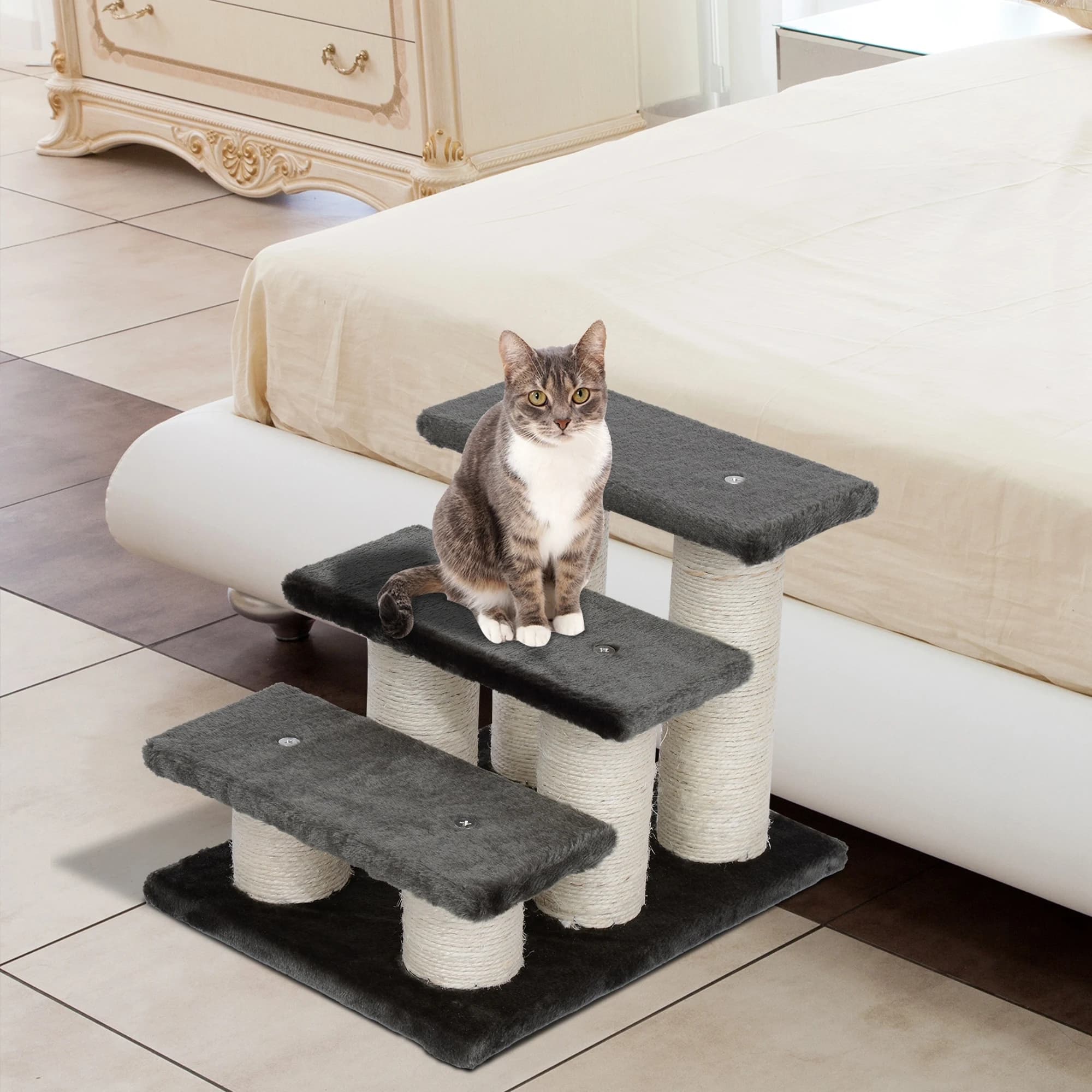 Scala per cani PawHut a 3 gradini, altezza 34 cm, rampa per animali domestici, scala per cani e gatti con tronco antigraffio