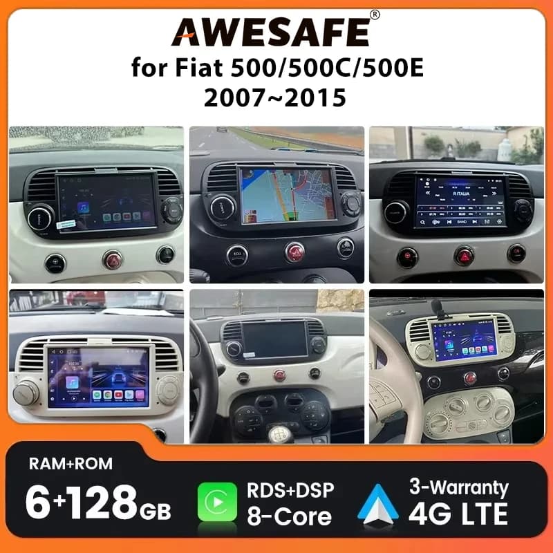 AWESAFE Autoradio Wireless CarPlay Android Auto con Navigatore GPS per FIAT 500 500C Abarth 2007-2015, Soluzione Problema Contachilometri