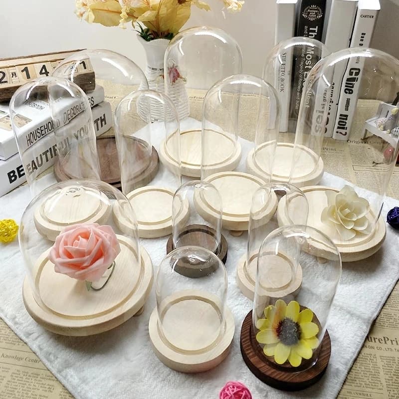 Copertura in vetro imitazione fiore con base in legno Copertura a cupola per piante grasse Decorazioni per la casa Figura fai da te Scatola per