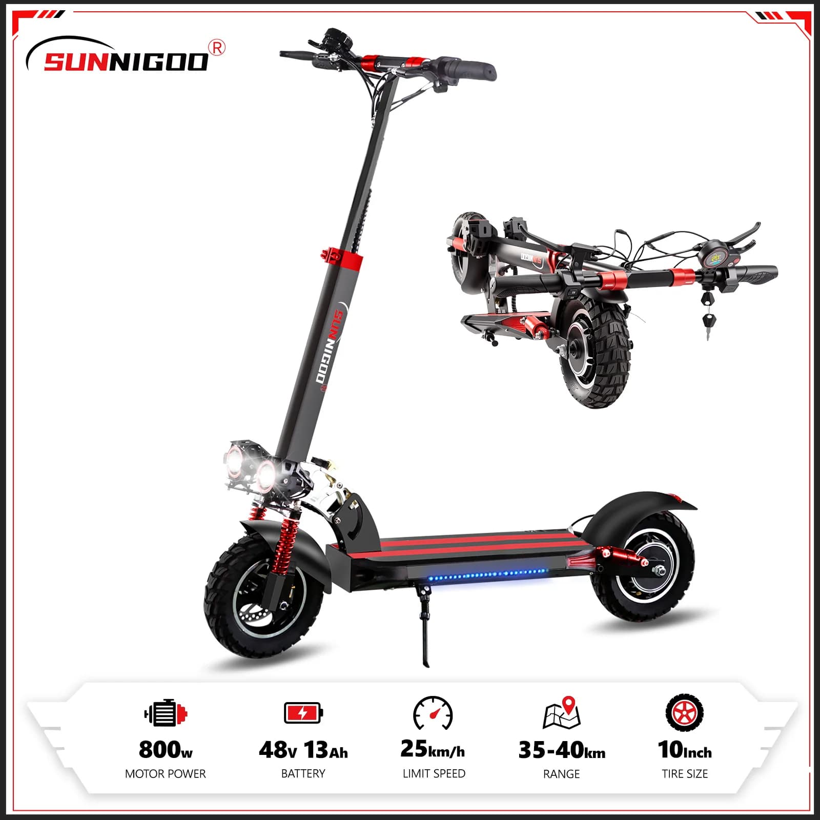 Monopattino elettrico SUNNIGOO per adulti, 10 pollici, fuoristrada, batteria al litio 48V, velocità massima ​ ​ Monopattino Elettrico Pieghevole