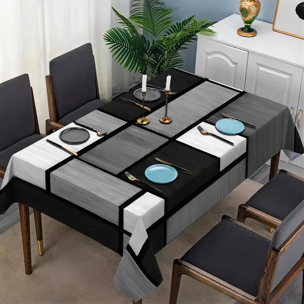 Elegante Tovaglia con Stampa Geometrica in Bianco, Nero e Grigio - Copritavolo Rettangolare in Poliestere per Decorazioni Festive