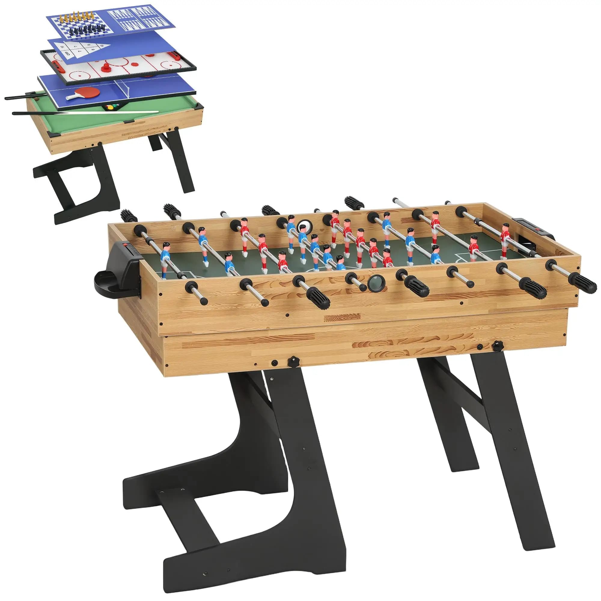 Tavolo Multigioco 13 in 1 pieghevole, Baby Foot Biliardo Ping-Pong Xadrez 120x106x82 cm Noce