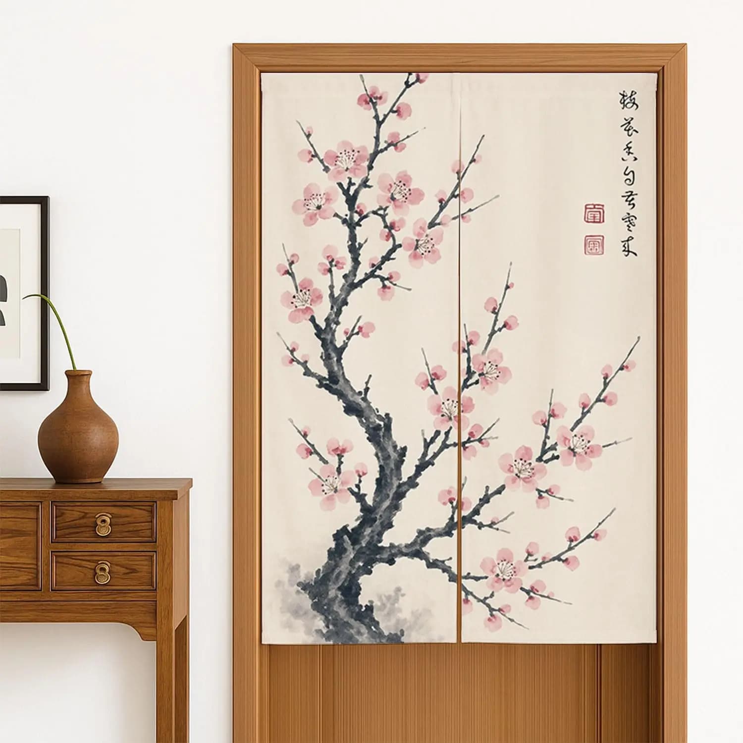 Tenda per porta in stile giapponese con fiori rosa, tende in cotone asiatico Noren, tenda per porta in lino di cotone, divisione per ambienti in