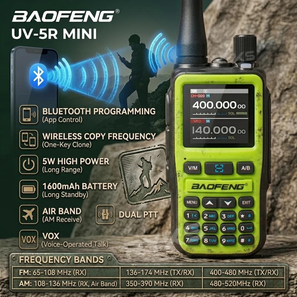 Potente Walkie Talkie Baofeng UV-5R Mini con Batteria da 2200mAh, Dual Band UHF VHF, Copia Frequenza Wireless, Programmazione Bluetooth