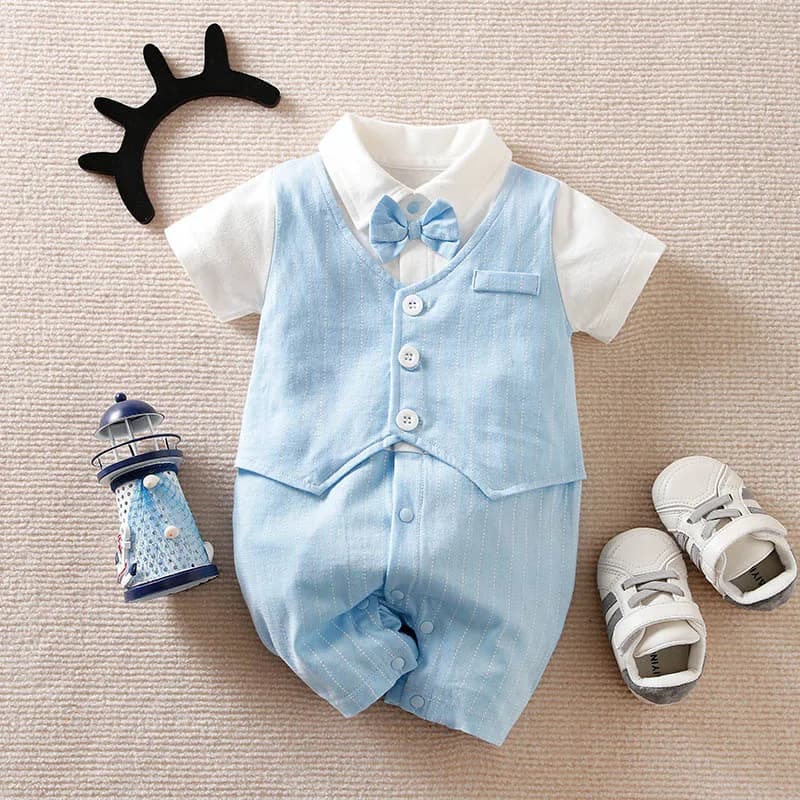 Baby Summer Vest Gentleman Tie Solid Shorts manica corta Casual All Cotton One Piece