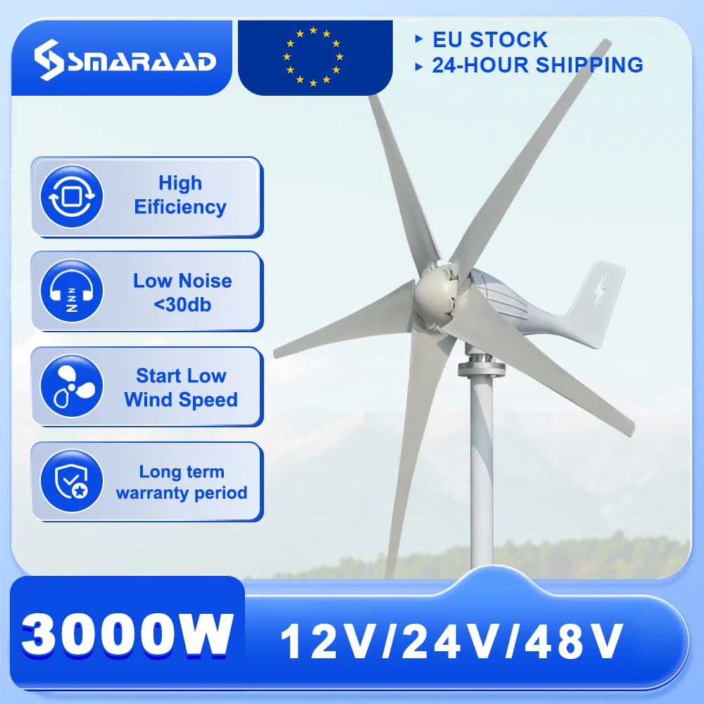 Turbina Eolica Orizzontale da 3000W 12V/24V/48V a Basso Rumore per Uso Domestico con Alimentazione 220V Consegnata in Polonia