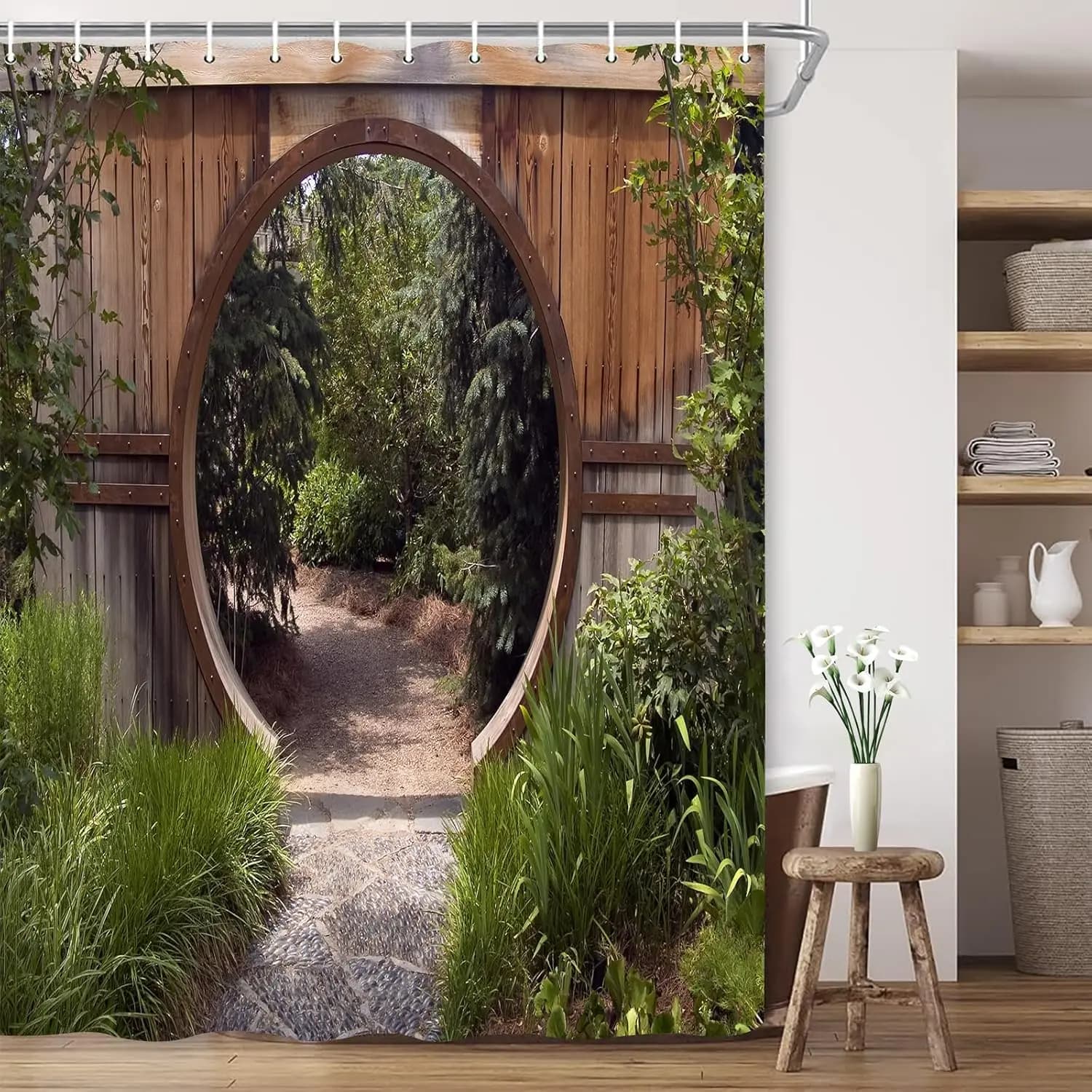 Tende da doccia naturali tenda da bagno Woodland tessuto in tessuto di poliestere divisorio per bagno con ganci tenda da doccia con decorazioni