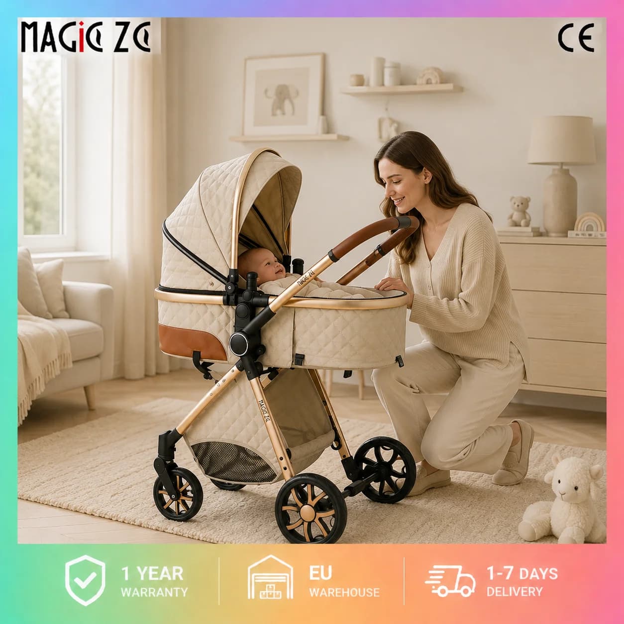 Passeggino Magic ZC Premium 3 in 1, Sistema da Viaggio Compatto con Navicella, Seggiolino Auto e Seduta Reversibile, Carrozzina High Landscape, Ruote