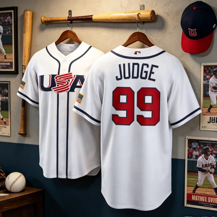 Maglia da baseball USA Judge 99 per bambini, blu navy, versione tifoso, manica corta, abbigliamento sportivo WBC, novità 2026
