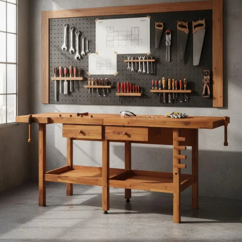 Tavolo da lavoro 192×62×83 cm in legno massello di acacia con cassetti e ripiani, banco da officina in acacia massello con 2 ripiani e spazi