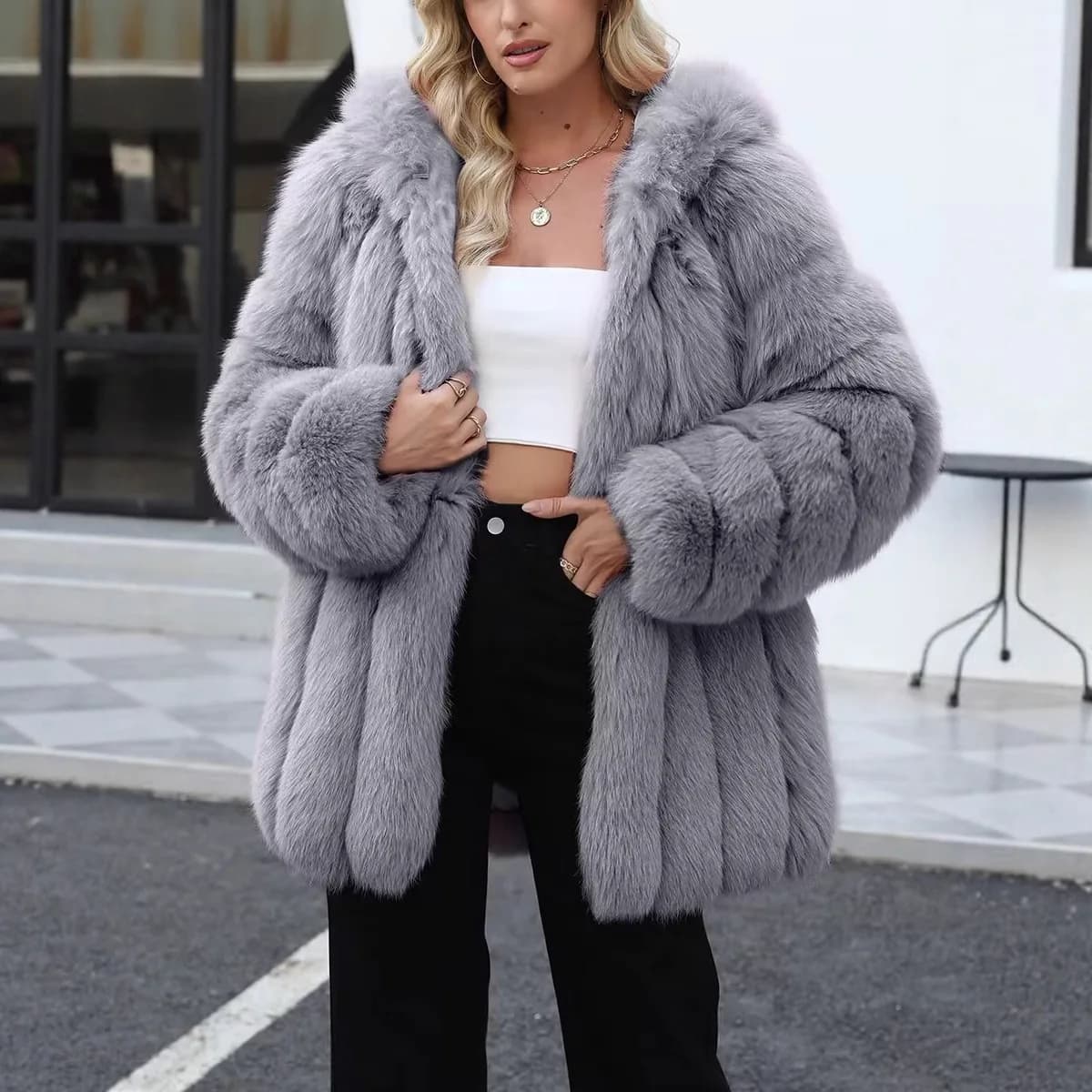 Cappotto in pelliccia di volpe sintetica Giacca in pelliccia solida da donna Manica lunga Colletto rovesciato Punto aperto Pelliccia calda spessa