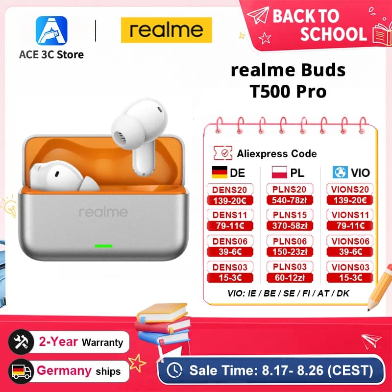 Versione globale realme Buds T500 Pro Auricolari 50dB Cancellazione adattiva del rumore IP55 Auricolari wireless