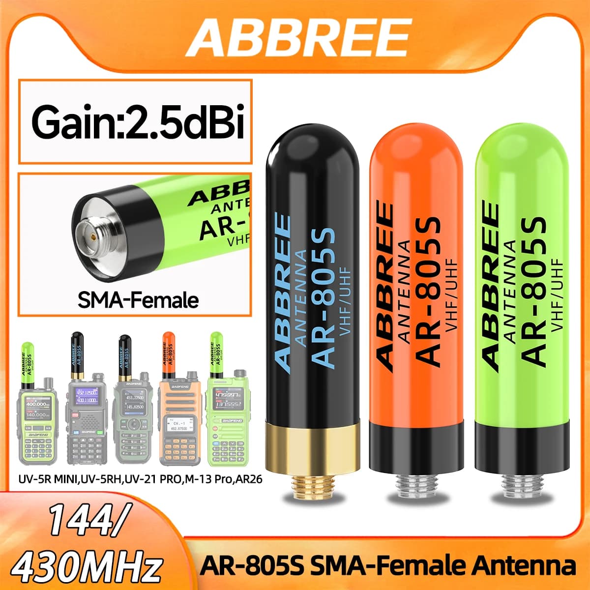 ABBREE AR-805S Breve SMA-Femmina Walkie Talkie Antenna VHF UHF Antenna ad alto guadagno per Baofeng BF-888S UV-5R Mini Ham Radio