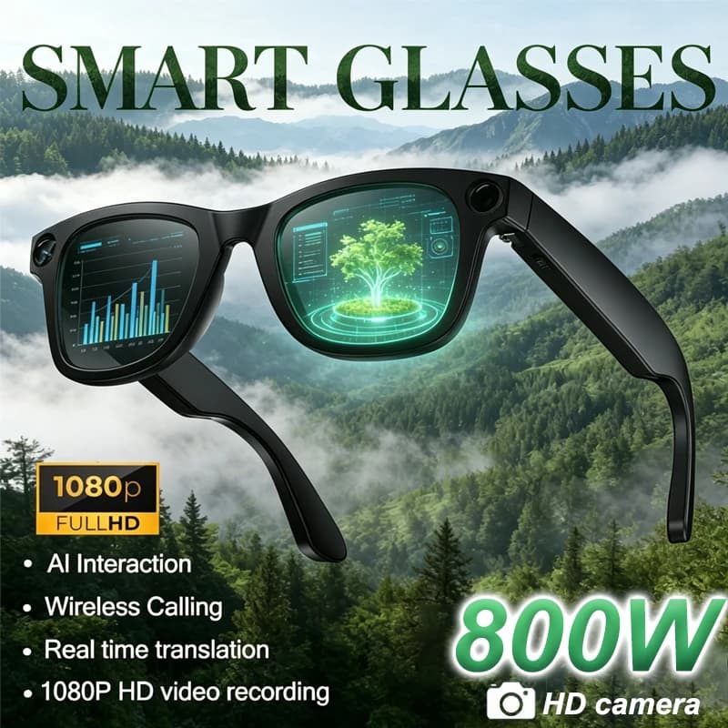 Nuovi Occhiali Smart AI con Fotocamera HD 800W, Riprese Anti-vibrazione, Trascrizione Vocale AI, Traduzione Simultanea AI - Occhiali Smart da Uomo