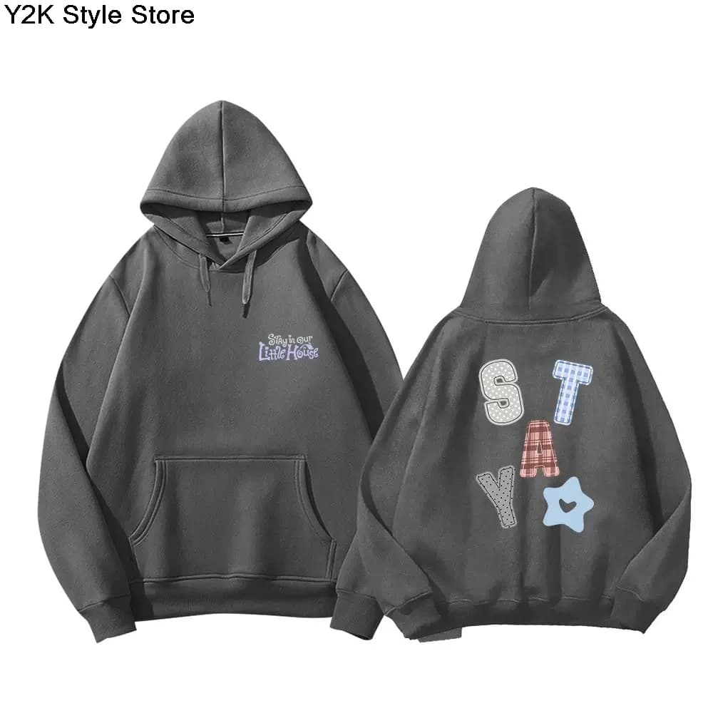 Felpa con Cappuccio STAY In Our Little House con Zip, Stampa Lettere Stile Kpop, Alta Qualità in Cotone Spesso