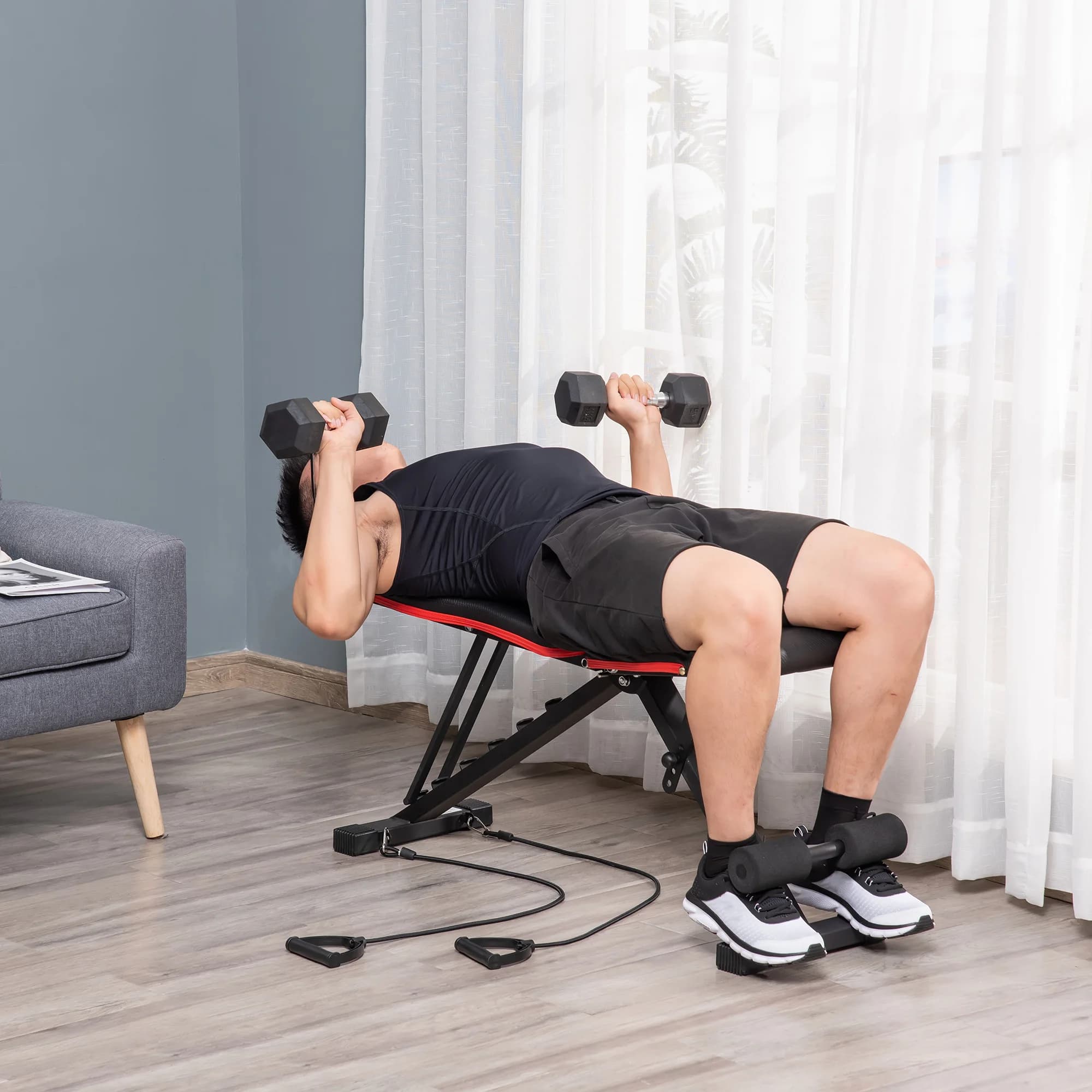 Panca Pieghevole HOMCOM per Bodybuilding, Schienale Regolabile a 6 Livelli, Cuscino Seduta Regolabile a 4 Livelli, Seduta Imbottita, Rivestimento