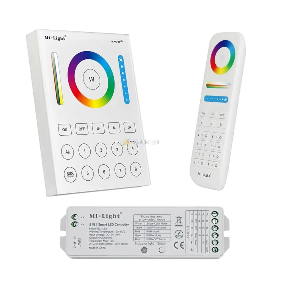 Telecomando RF wireless Miboxer FUT089 2.4G a 8 zone; Pannello touch B8 da parete; Controller LED LS2 5 in 1 per strisce RGB+CCT