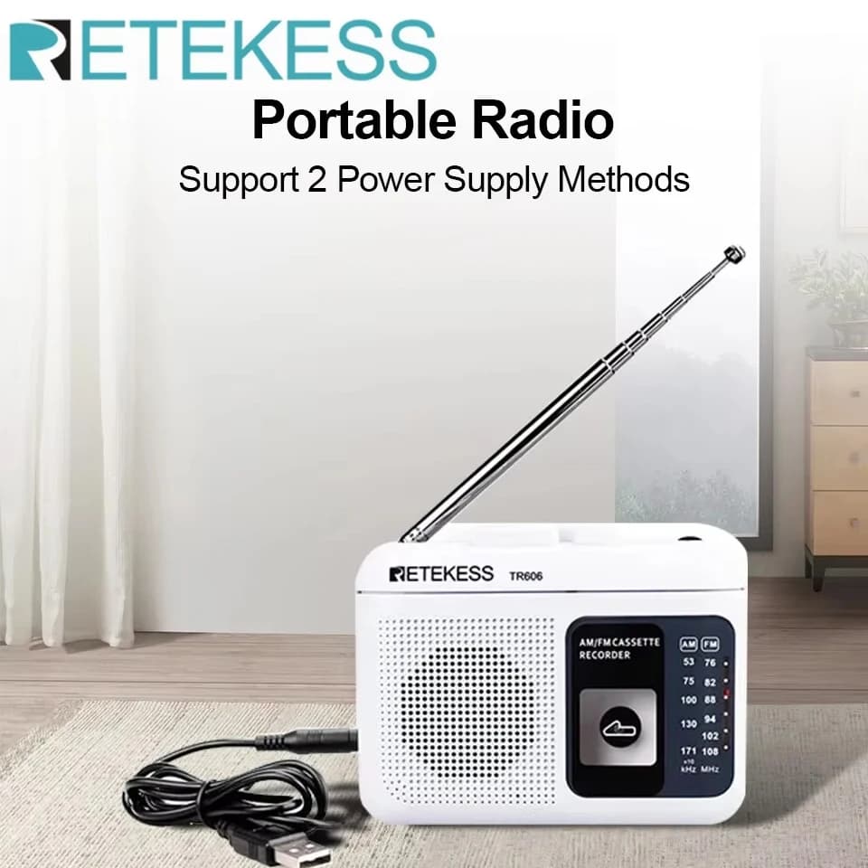 Retekess TR606 Radio FM AM Riproduzione a cassette Radio portatili Registrazione FM AM Auricolare da 3,5 mm MIC Jack 2 Metodo di alimentazione