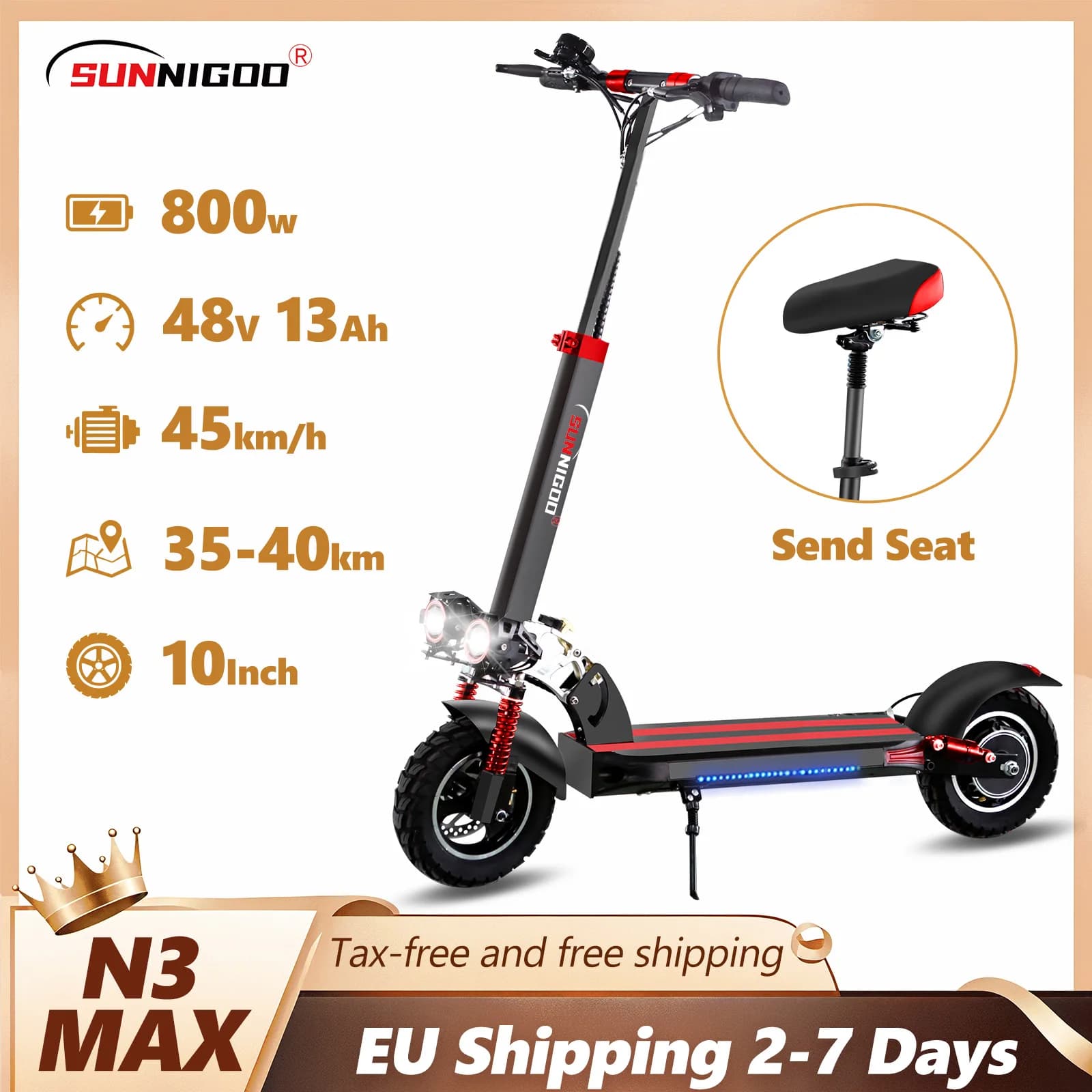 Monopattino elettrico SUNNIGOO per adulti, 10 pollici, fuoristrada, batteria al litio 48V, velocità massima ​ ​ Monopattino Elettrico Pieghevole
