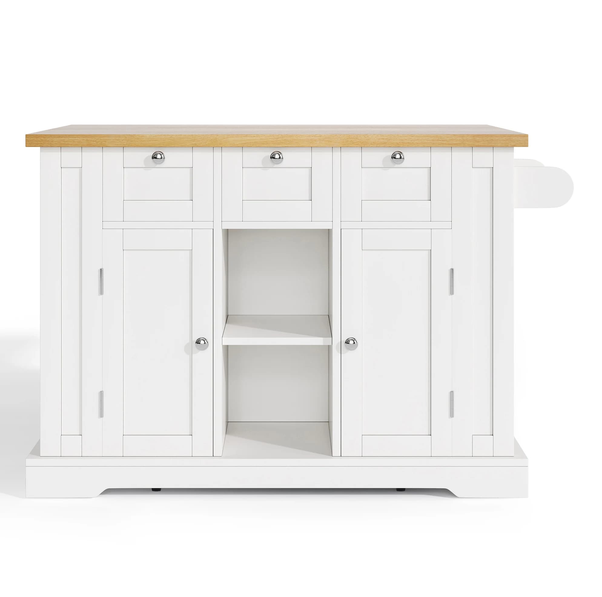 Isola Cucina Mobile da 132 cm con Piano di Lavoro Pieghevole, Armadietto, Cassetto, Porta Spezie, Portasciugamani, Ruote e Presa di Corrente Integrata