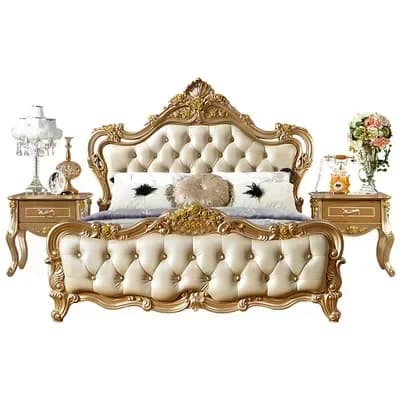 Set da camera da letto di lusso Mobili Letto king size in pelle con struttura intagliata in legno in stile classico di lusso