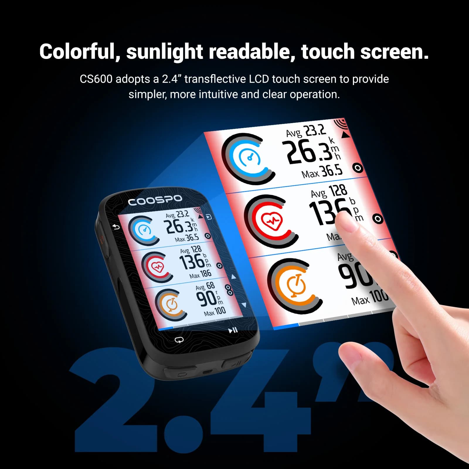 COOSPO CS600 Computer da bici touch-screen da 2,4 pollici GPS Mappa colorata Navigazione Computer da ciclismo wireless Contachilometri per allenamento