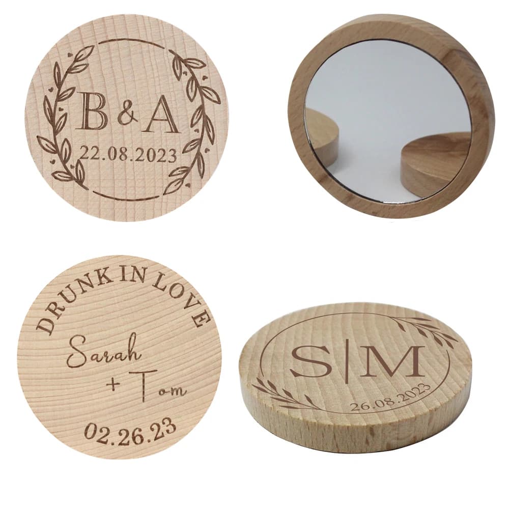 YANGSION Specchio in legno personalizzato inciso Specchio tascabile compatto rotondo portatile Bomboniere per damigelle d'onore Regalo di battesimo