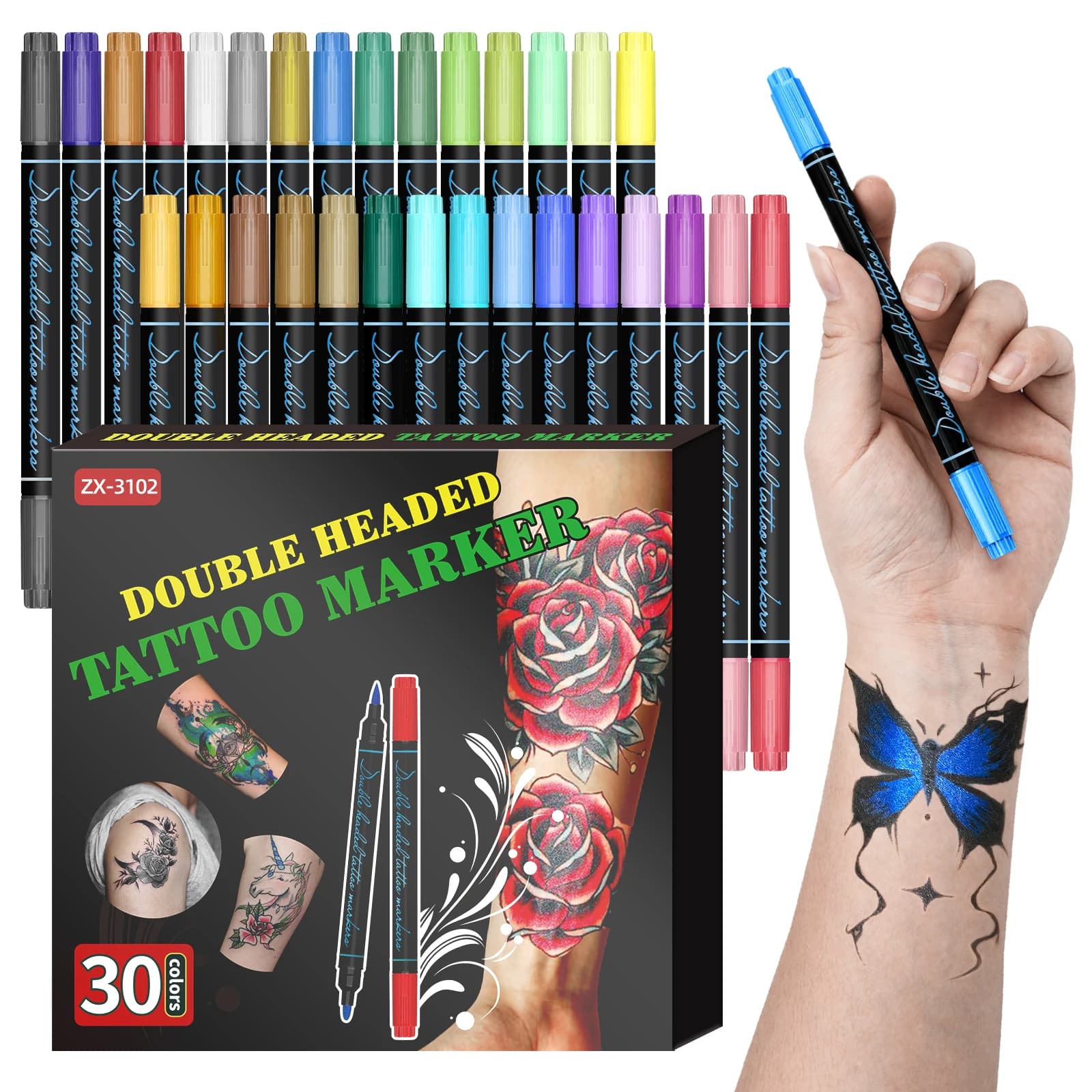 Pennarelli per Tatuaggi Temporanei, 10/30 Colori, Penne per Tatuaggi, Punta a Pennello, Colori Brillanti, Kit per Trucco Viso di Qualità Cosmetica,