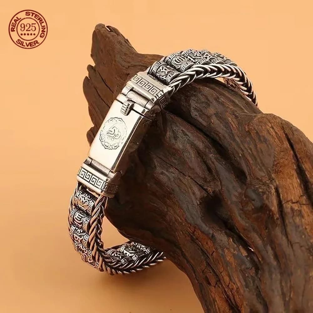 Retro Style Men Bracelet Simple and Generous Silver Bracelet Woven Six-Character Mantra Bracelet 925Silver Chain Jewelry