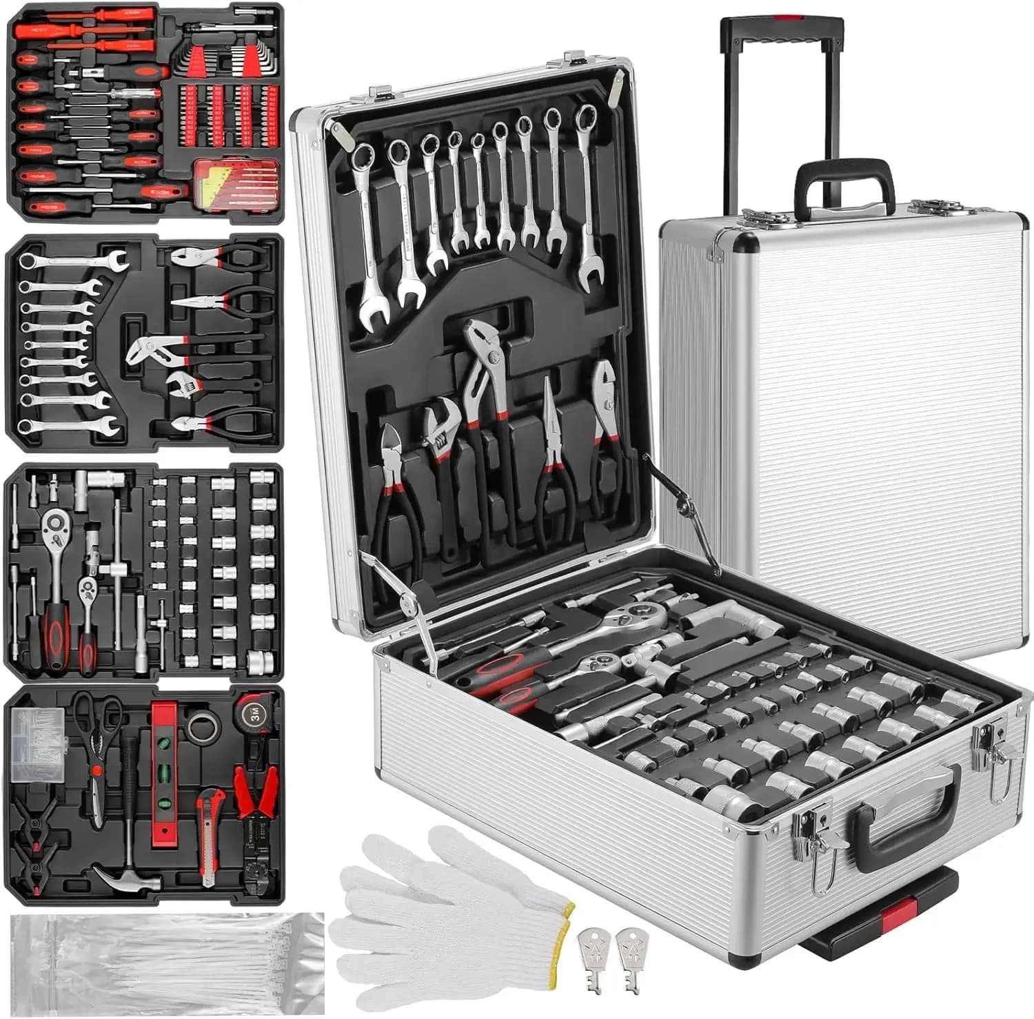Set Completo di Attrezzi Meccanici da 799 Pezzi con Valigetta su Ruote, Kit Professionale di Chiavi a Bussola e Utensili Manuali per Riparazioni Auto,