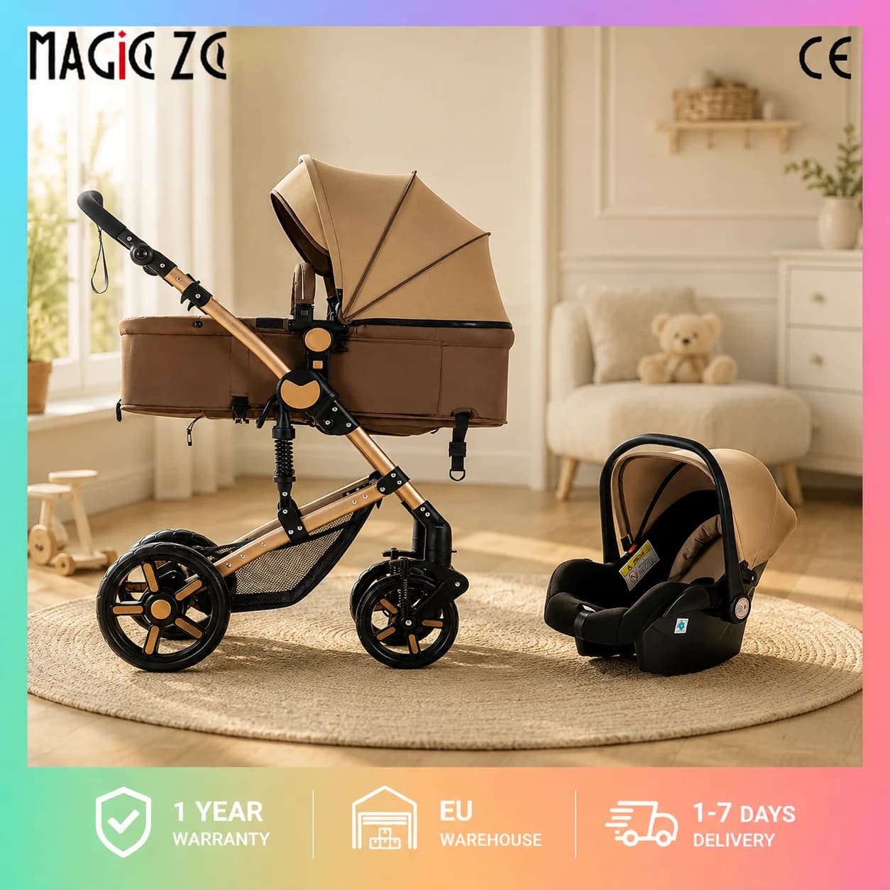 Sistema di Viaggio 3-in-1 per Bambini, Passeggino Reversibile Convertibile con Seggiolino Auto per Neonati, Imbracatura di Sicurezza a Cinque Punti,