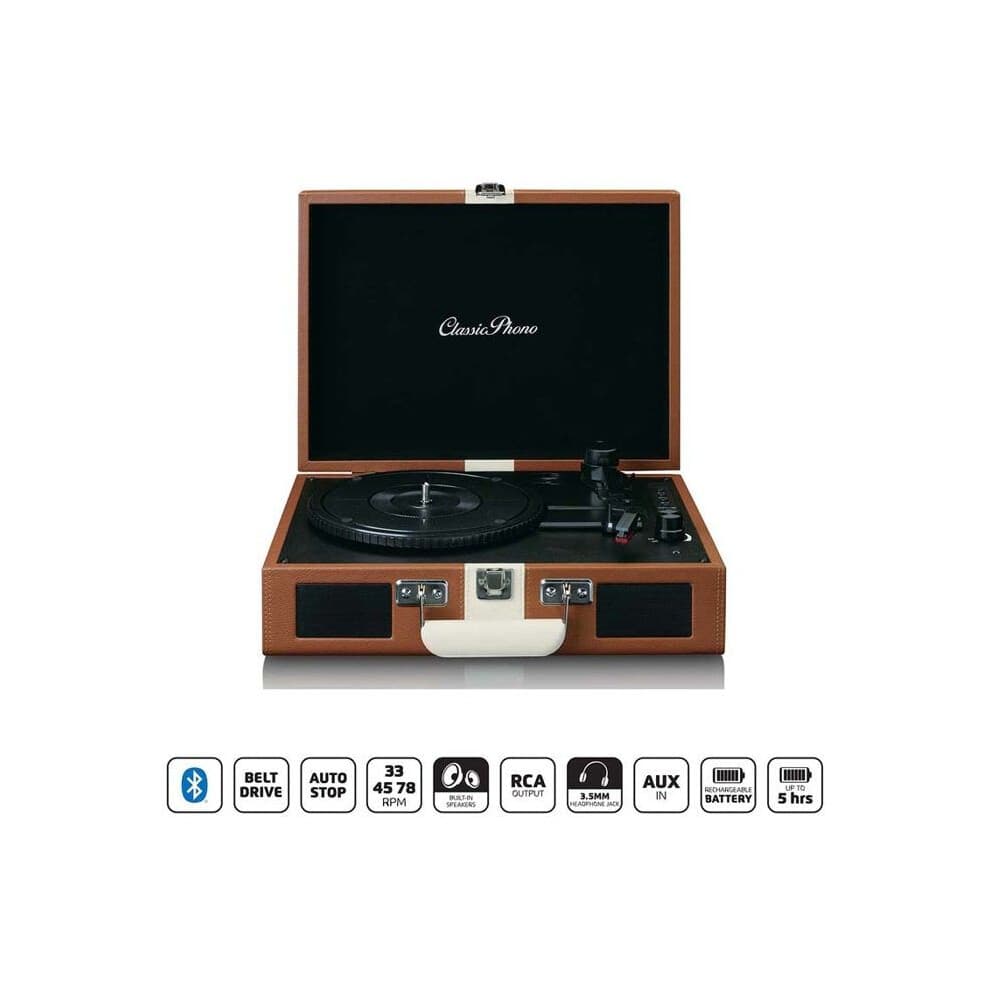 Classic Phono TT-120BNWH - Giradischi con Bluetooth, altoparlanti integrati e batteria ricaricabile integrata - Marrone/Bianco