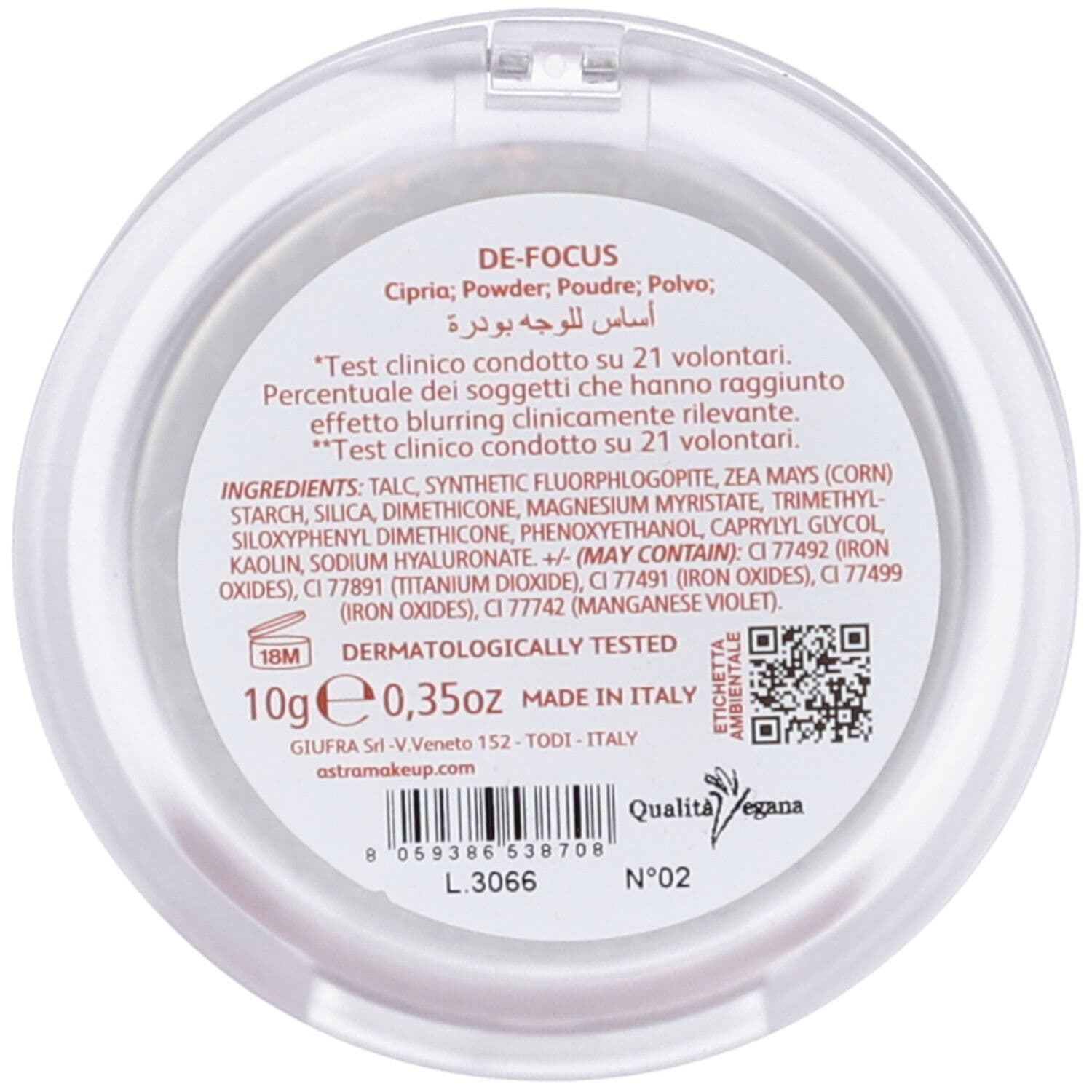 Astra Make-up De-Focus Smoothing Cipria Compatta Tonalita' 02 Pink Fra view 2