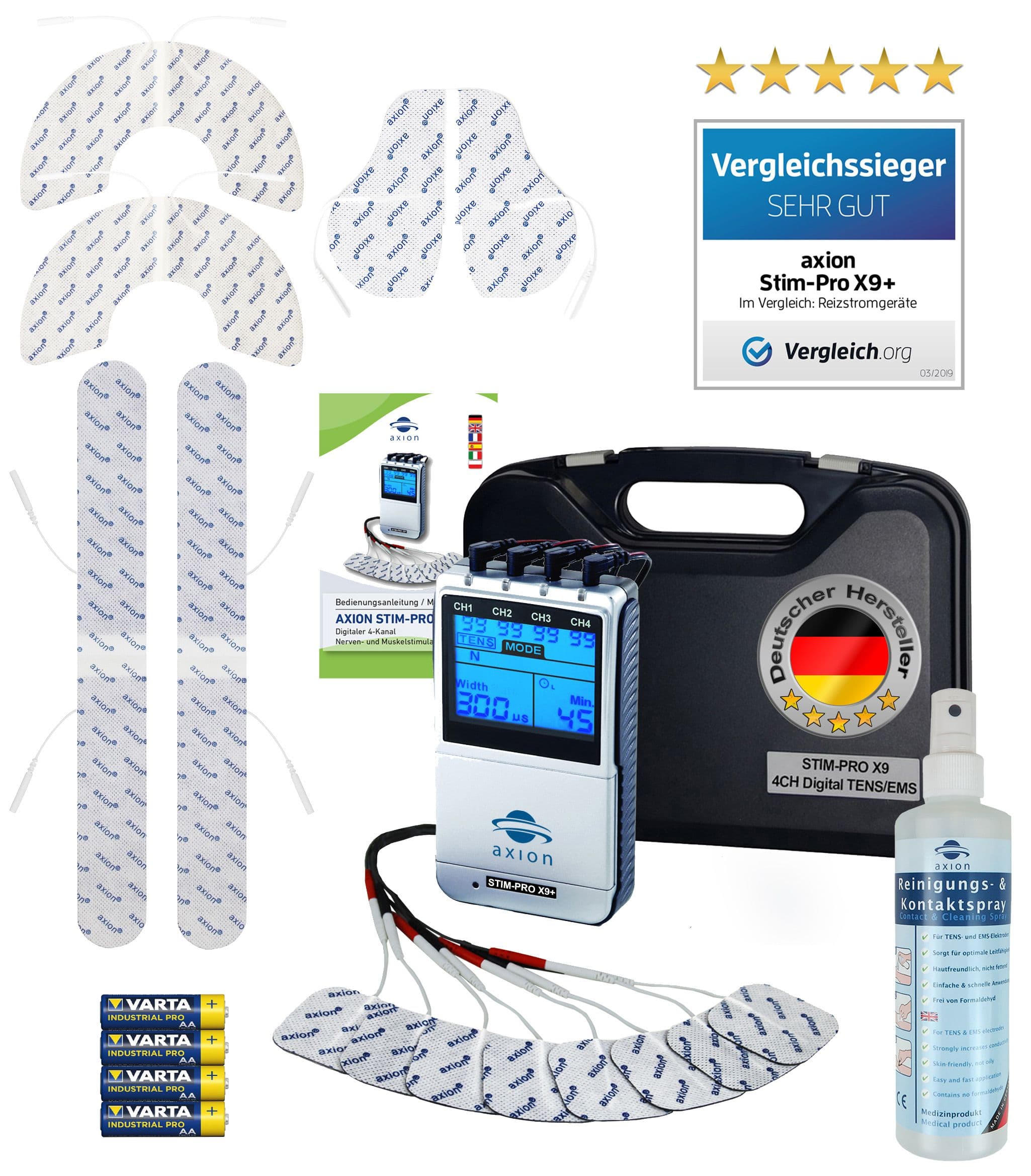 axion Dispositivo TENS EMS a 4 canali STIM-PRO X9+ con spray e set di 