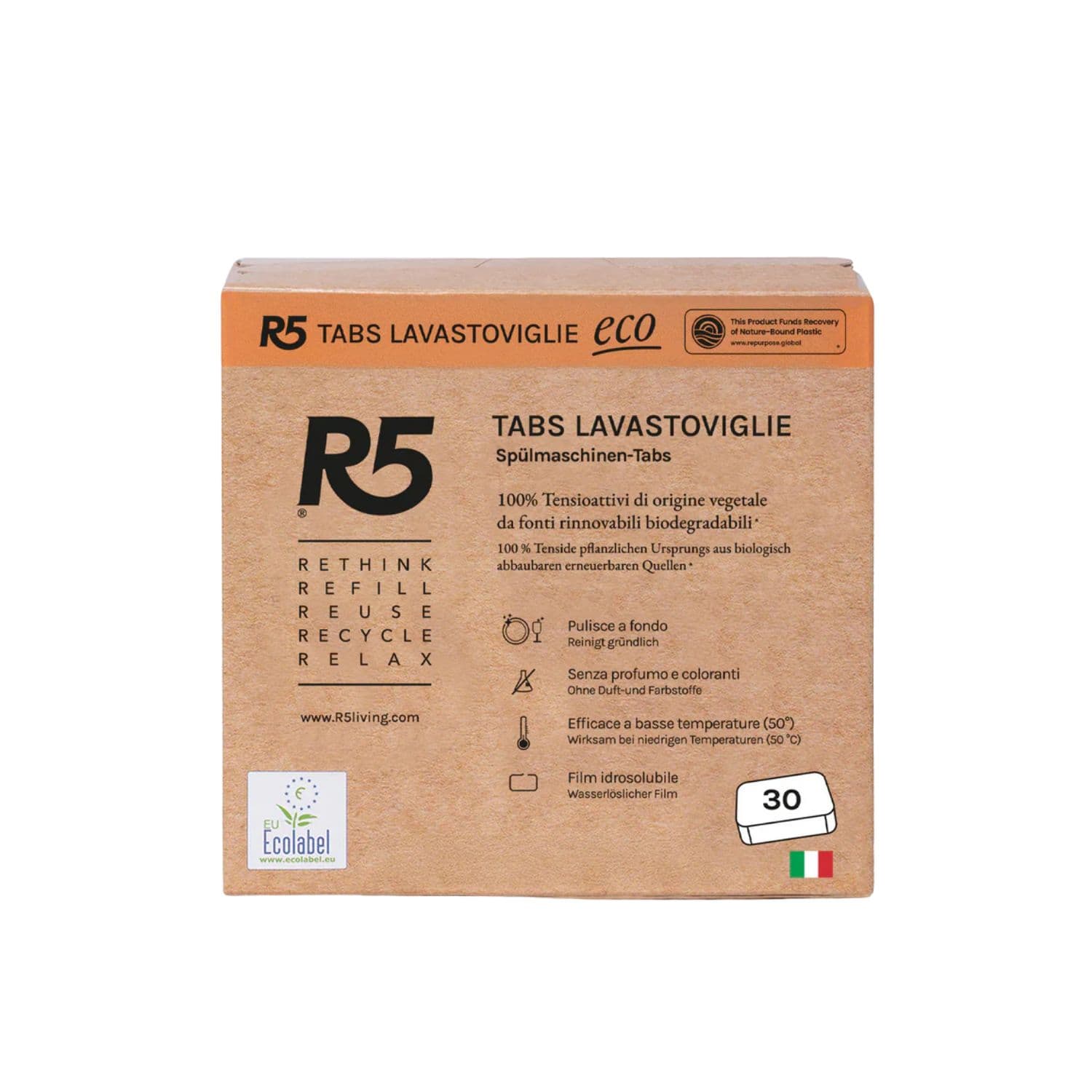 R5 Eco Tabs Lavastoviglie 30 Pastiglie, Tensioattivi Vegetali, Ecolabe