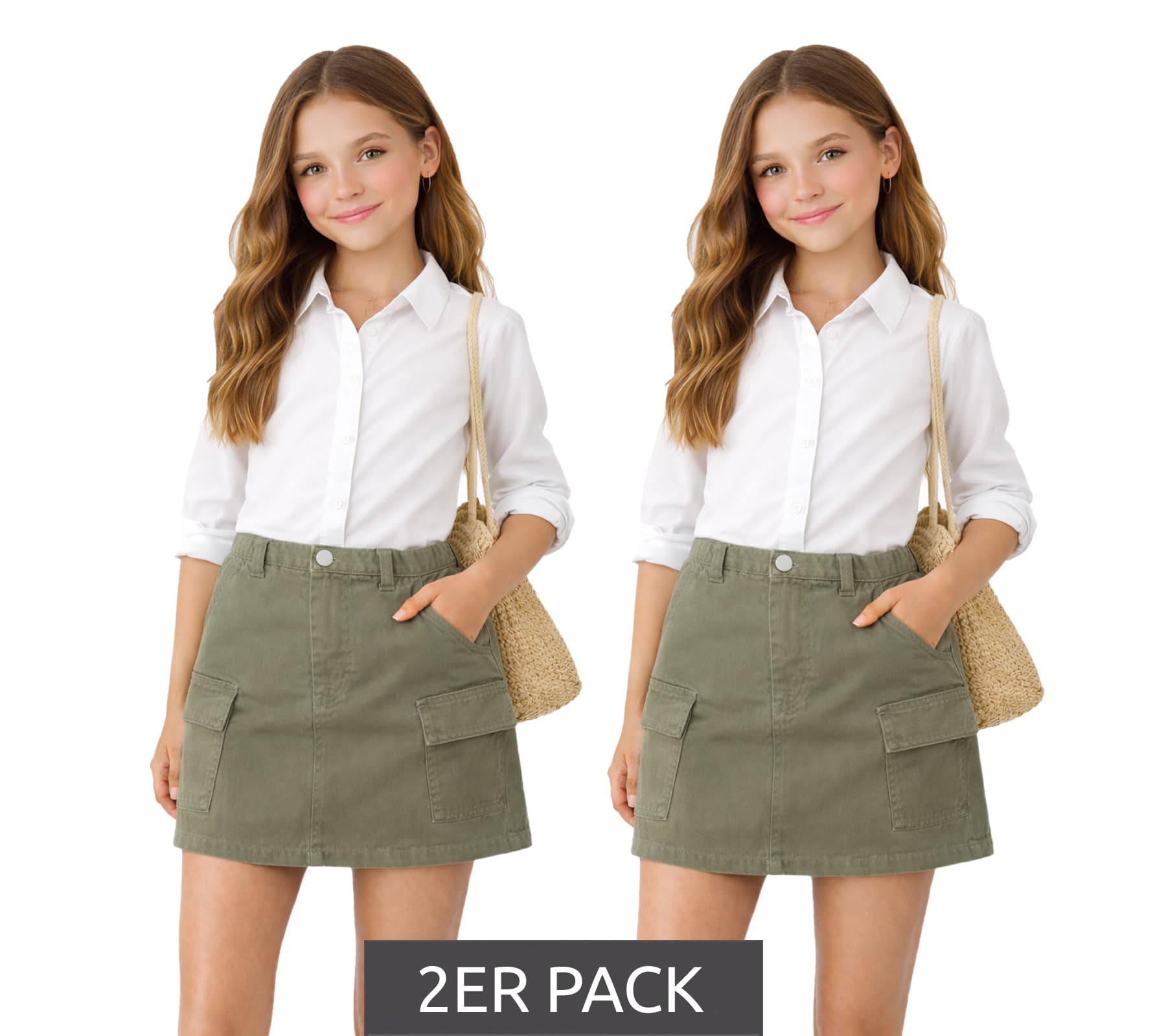 Confezione da 2 gonne cargo alla moda per bambine, gonna estiva con tasche laterali, gonna in cotone 906440 verde oliva