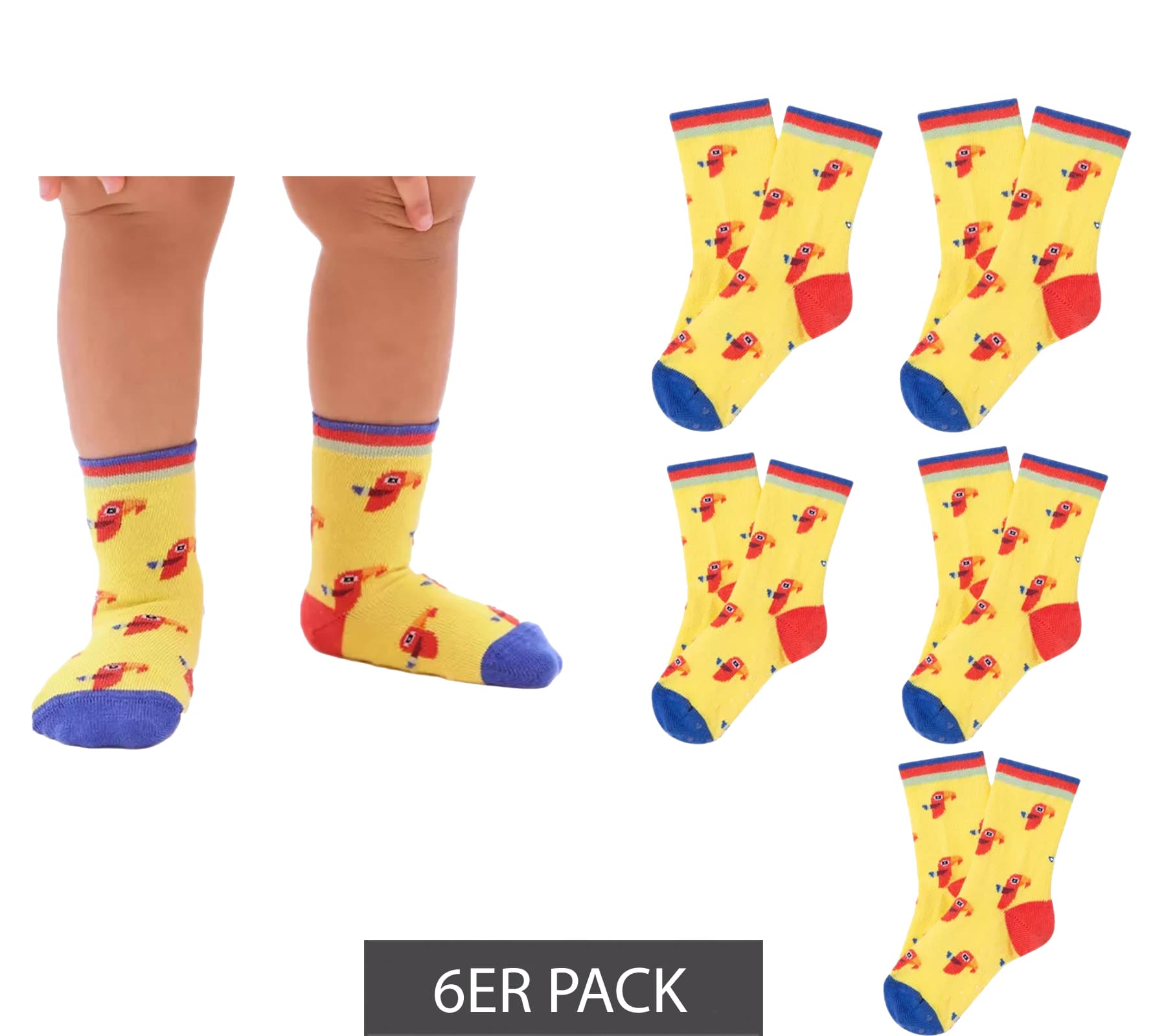 6 paia di calzini per bambini Moustard Parrot, calzini per bambini piccoli con stampa di pappagallo, calze antiscivolo per bambini, calzini in cotone