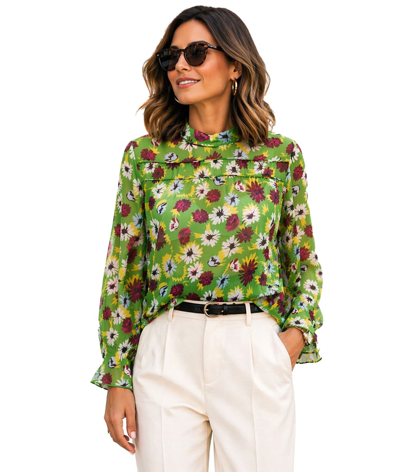 Aniston camicetta estiva da donna camicetta in chiffon trasparente con stampa floreale all-over 13940242 Verde/Multicolore