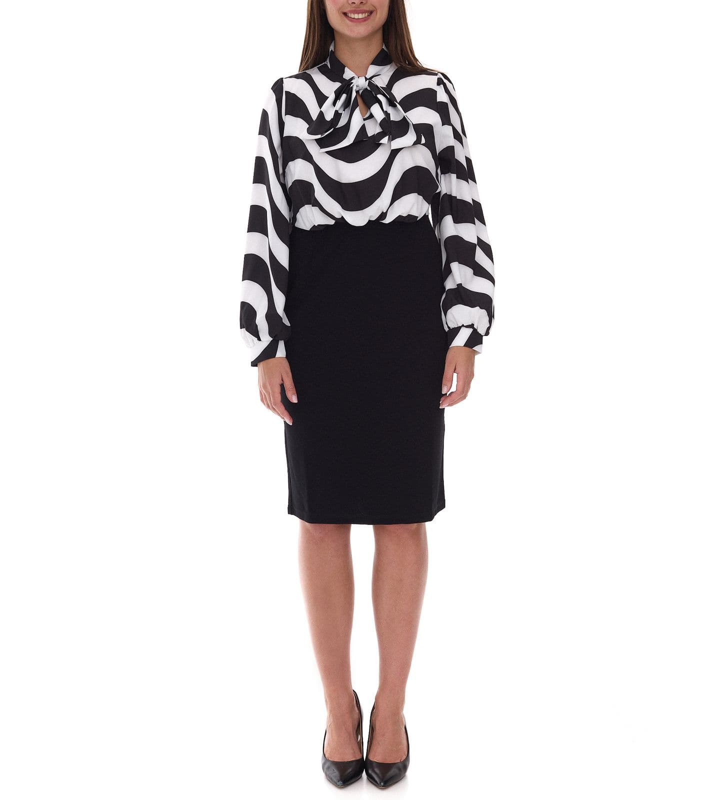 Elegante abito midi da donna, abito da lavoro con fiocco, abito estivo, abito a maniche lunghe 940989 nero/bianco