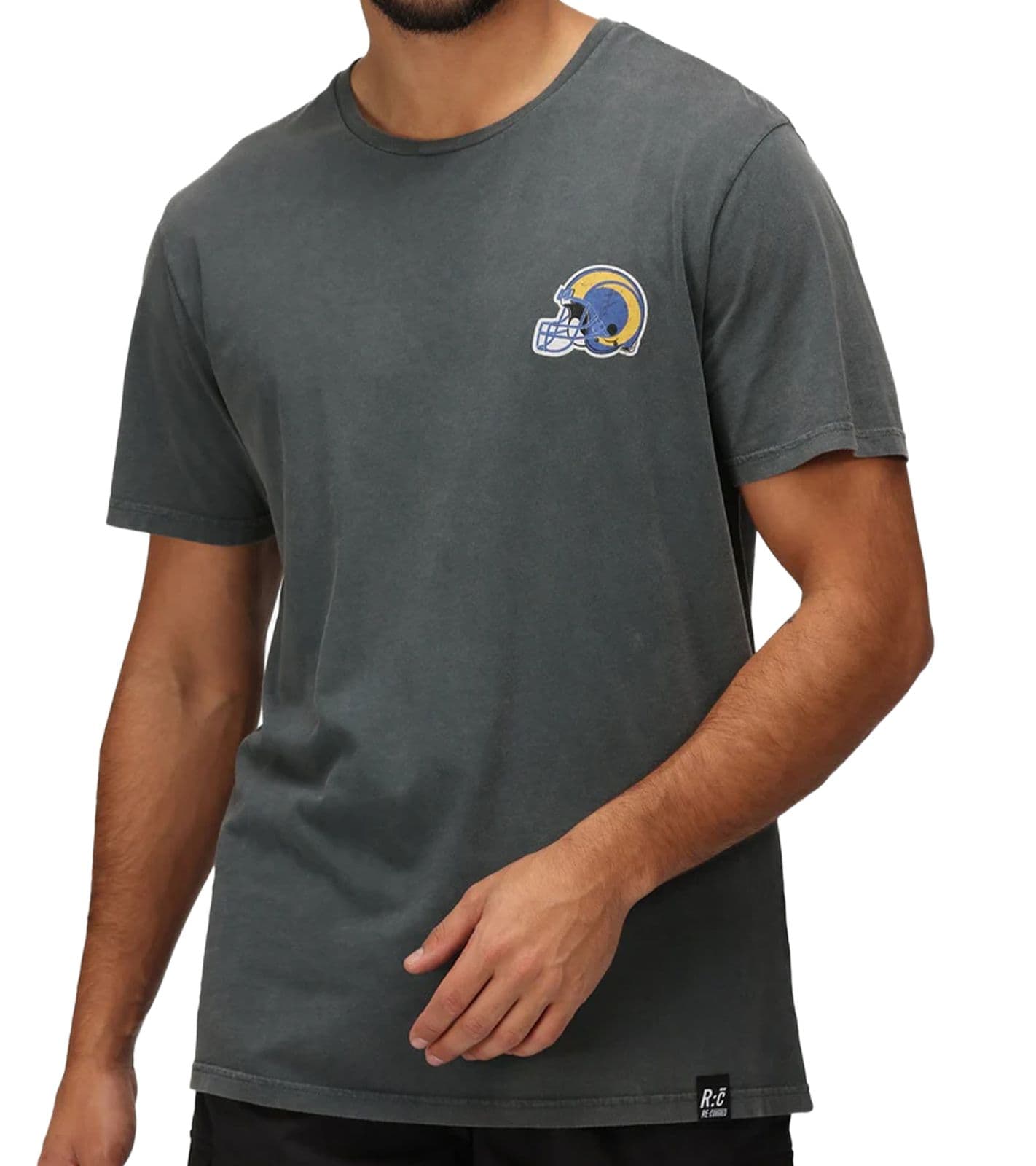 RE:COVERED X NFL Los Angeles Rams Maglietta da football da uomo con casco da football, girocollo in cotone, RCNFL1315H, grigio