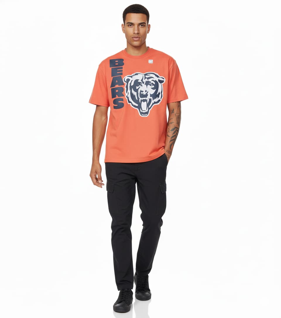 RE:COVERED X NFL T-shirt da uomo con grande logo BEARS stampato in cotone girocollo MMNFL1140 arancione