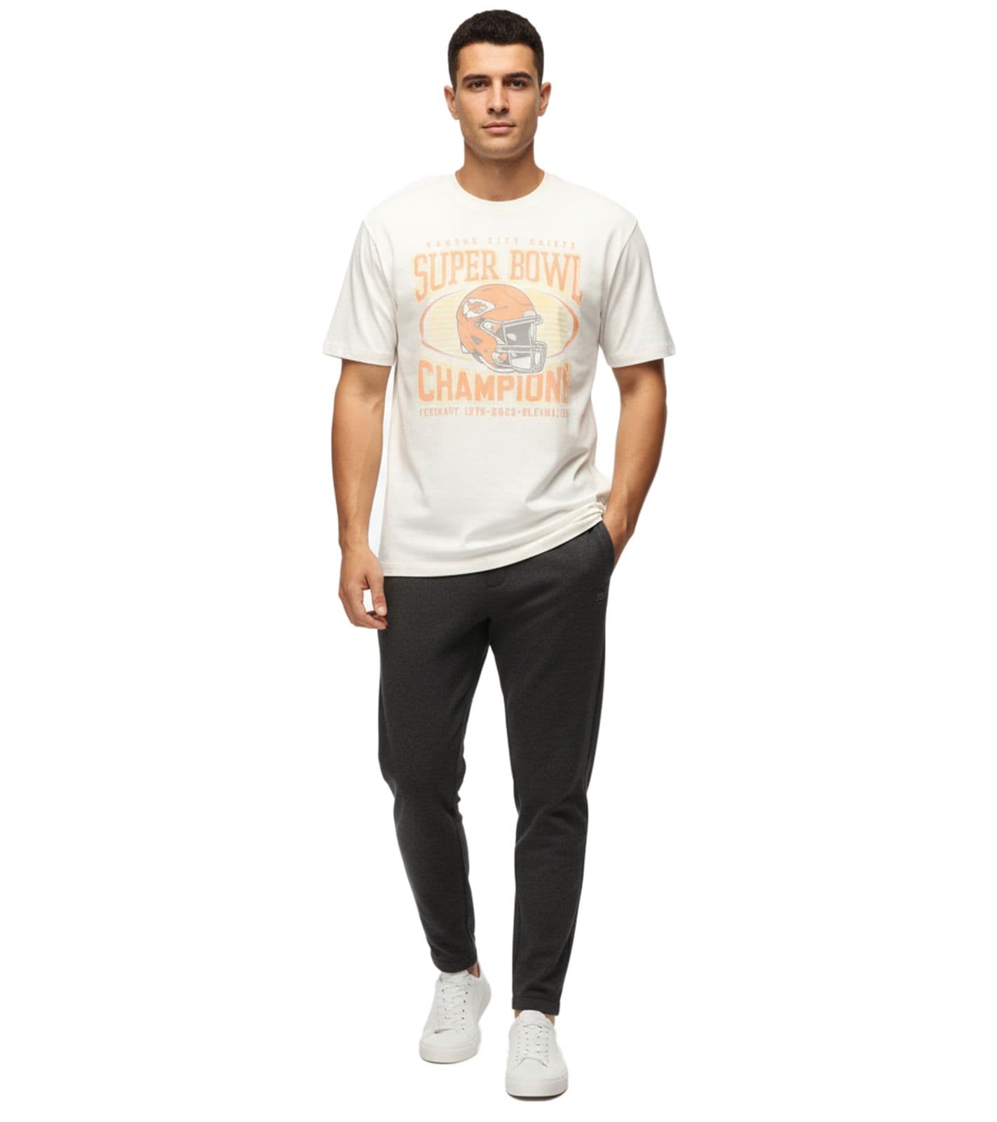 T-shirt da uomo RE:COVERED X NFL Kansas City Chiefs con stampa Champions, in cotone RCNFL1559, Écru-Bianco