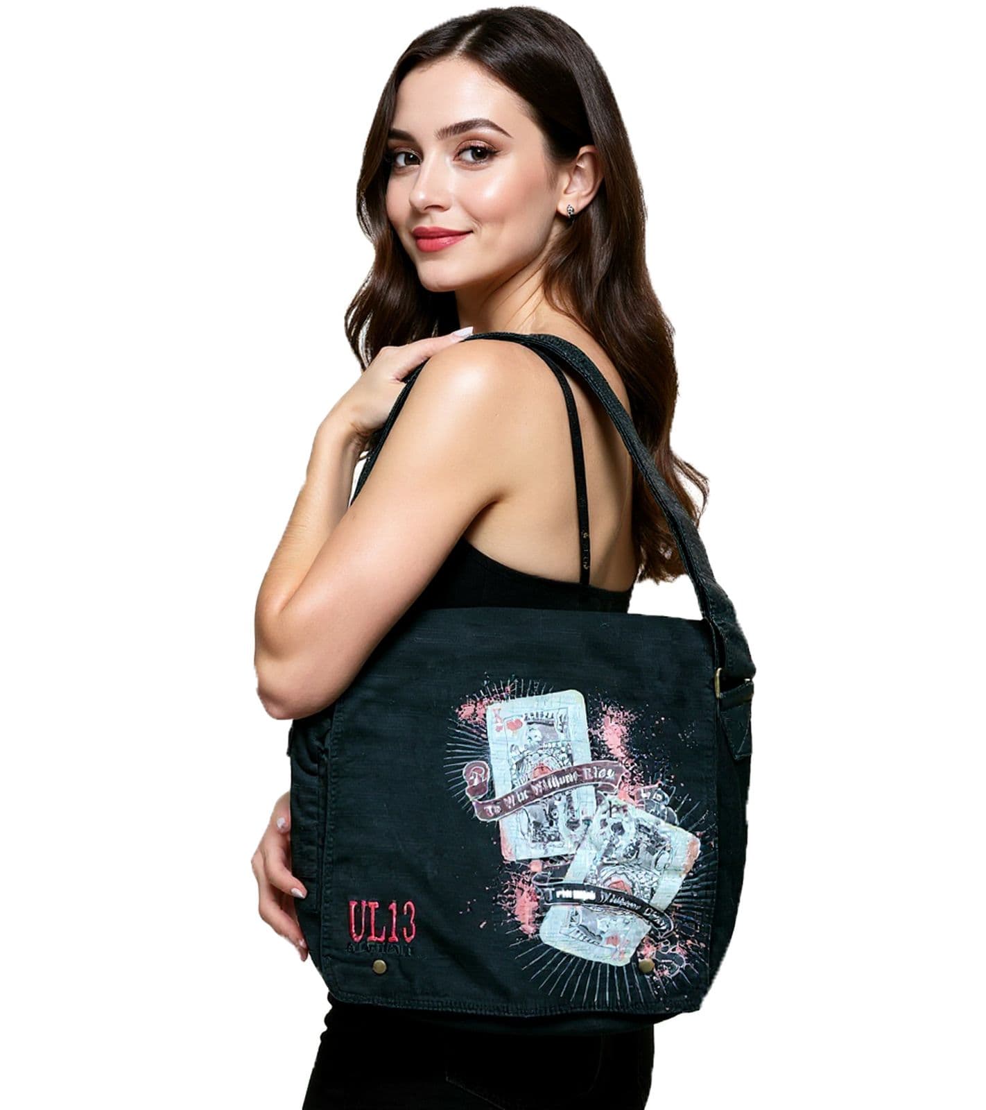 ALCHEMY UL13 borsa a tracolla da donna con stampa e ricamo logo in cotone nero