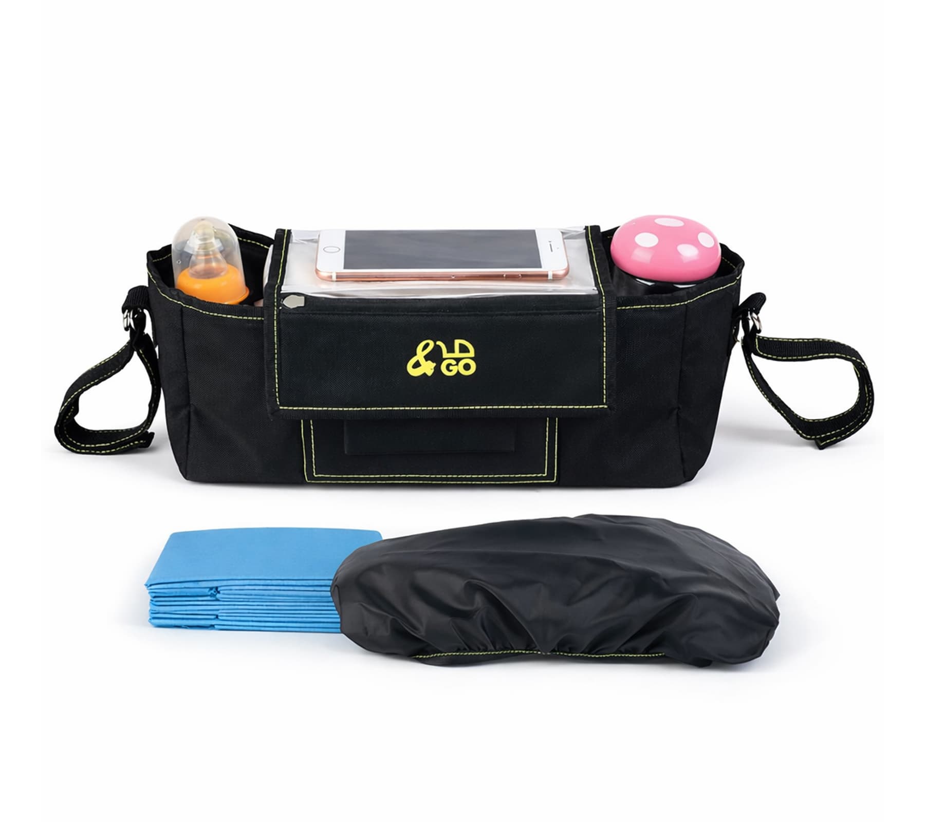 Organizer per passeggino &GO con 5 materassini fasciatoio borsa universale per passeggino con tasca trasparente per smartphone parapioggia