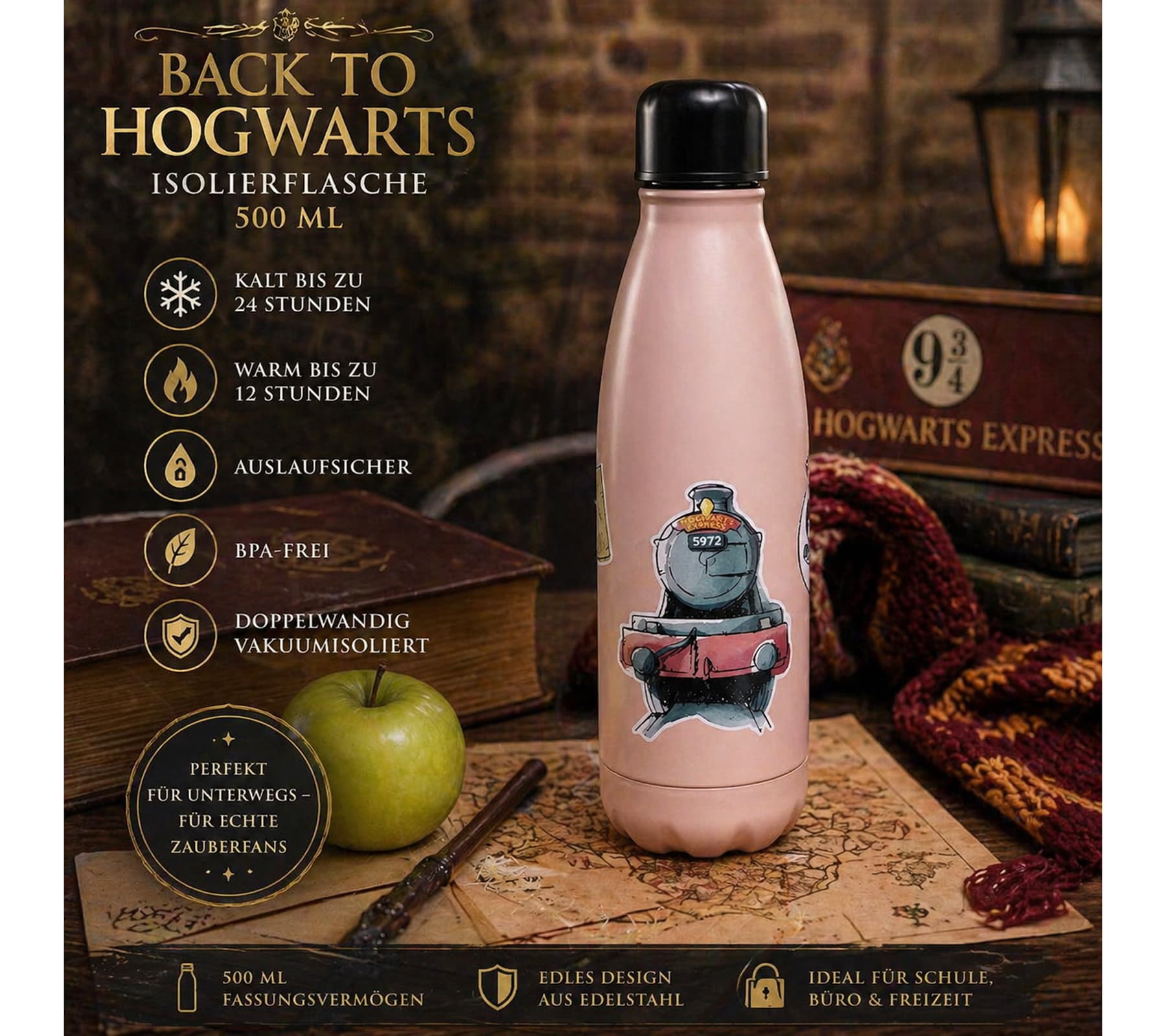 Bottiglia termica in acciaio inox da 500 ml "Ritorno a Hogwarts", design magico, rosa