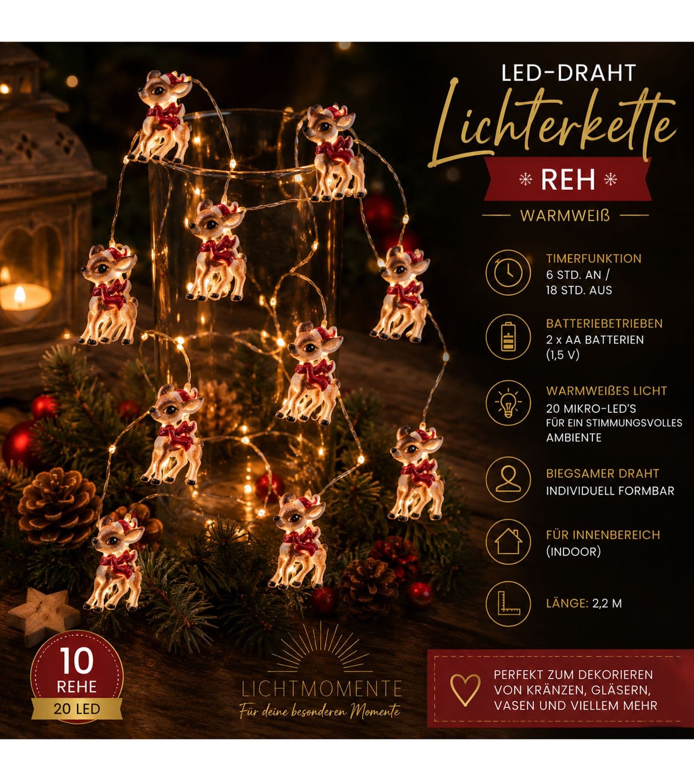 Luci decorative impermeabili LICHTMOMENTE a forma di cervo con timer, 2,2 metri, 20 micro LED bianco caldo, filo LED 9843451 argento