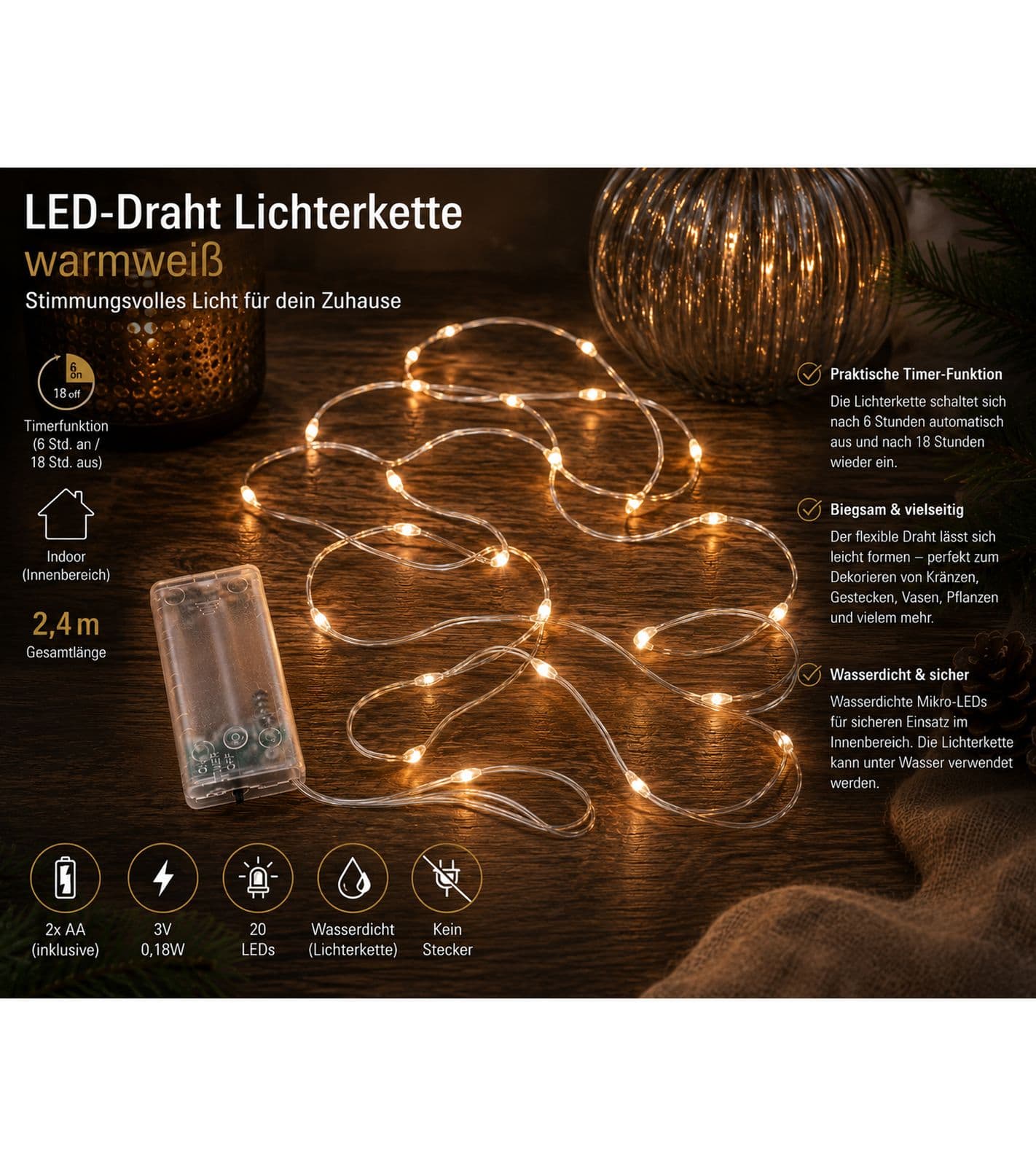 Luci decorative a LED "Sparkling Moments of Light" con funzione timer, 2,4 metri, 20 micro LED bianco caldo, 9843441 Argento