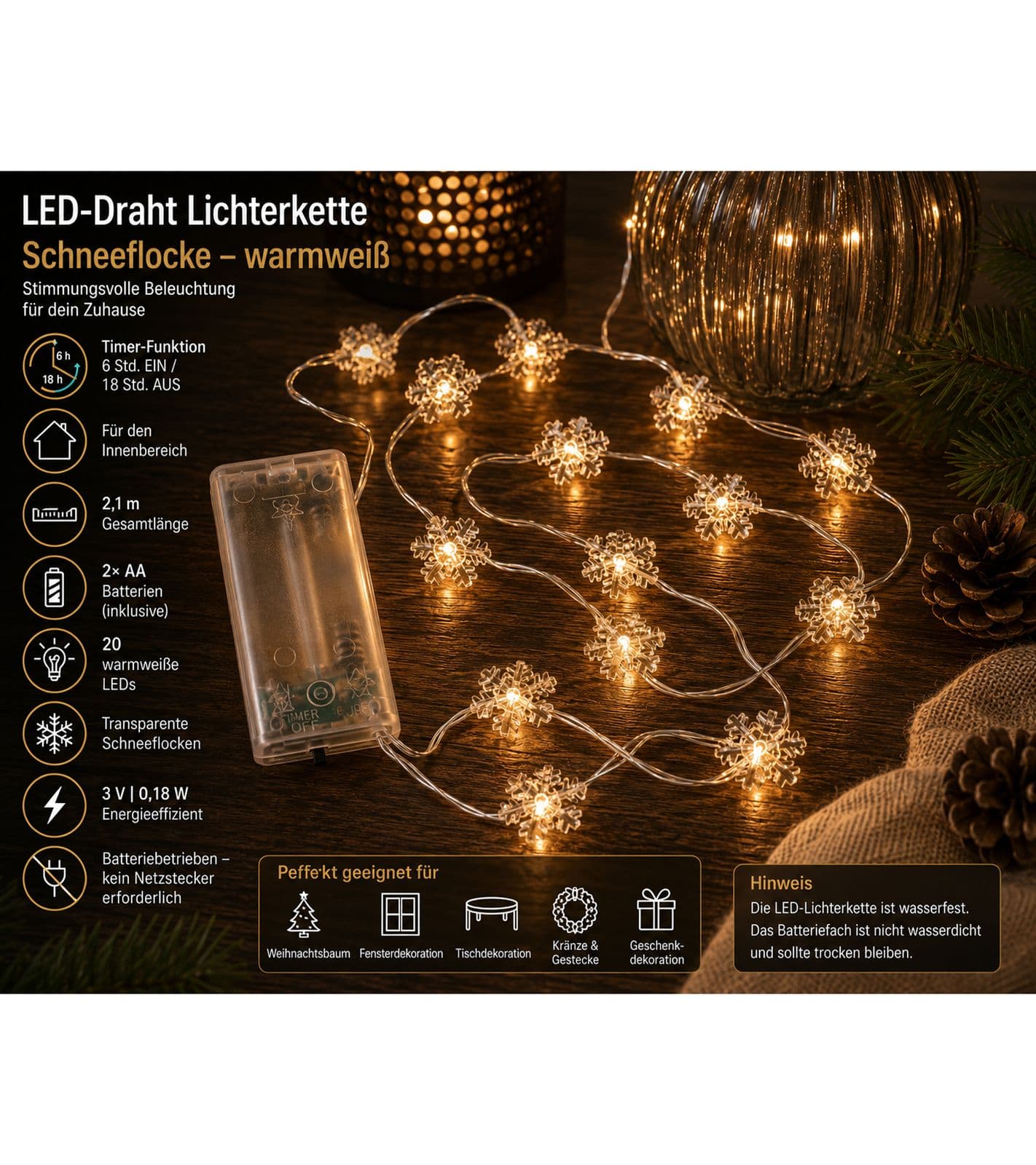 Luci decorative a LED impermeabili LIGHT MOMENTS con design a fiocco di neve, funzione timer, 2,1 metri, 20 micro LED bianco caldo, 9844442 Argento
