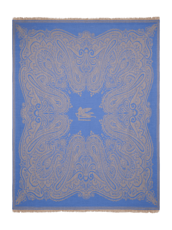 Etro, Plaid In Lana Con Paisley E Logo Jacquard, Azzurro