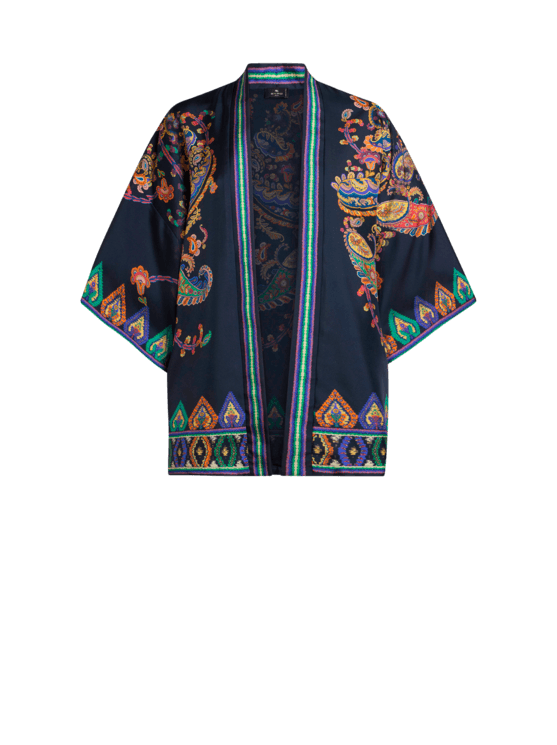 Etro, Kesa In Twill Di Seta Con Stampa Piazzata Paisley Floreale, Donna, Blu, Taglia L